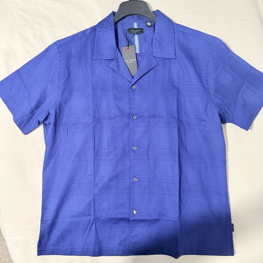 Ted Baker Camp Shirt Men’s Midnight Sail Textured Short Sleeve Button Down XXL